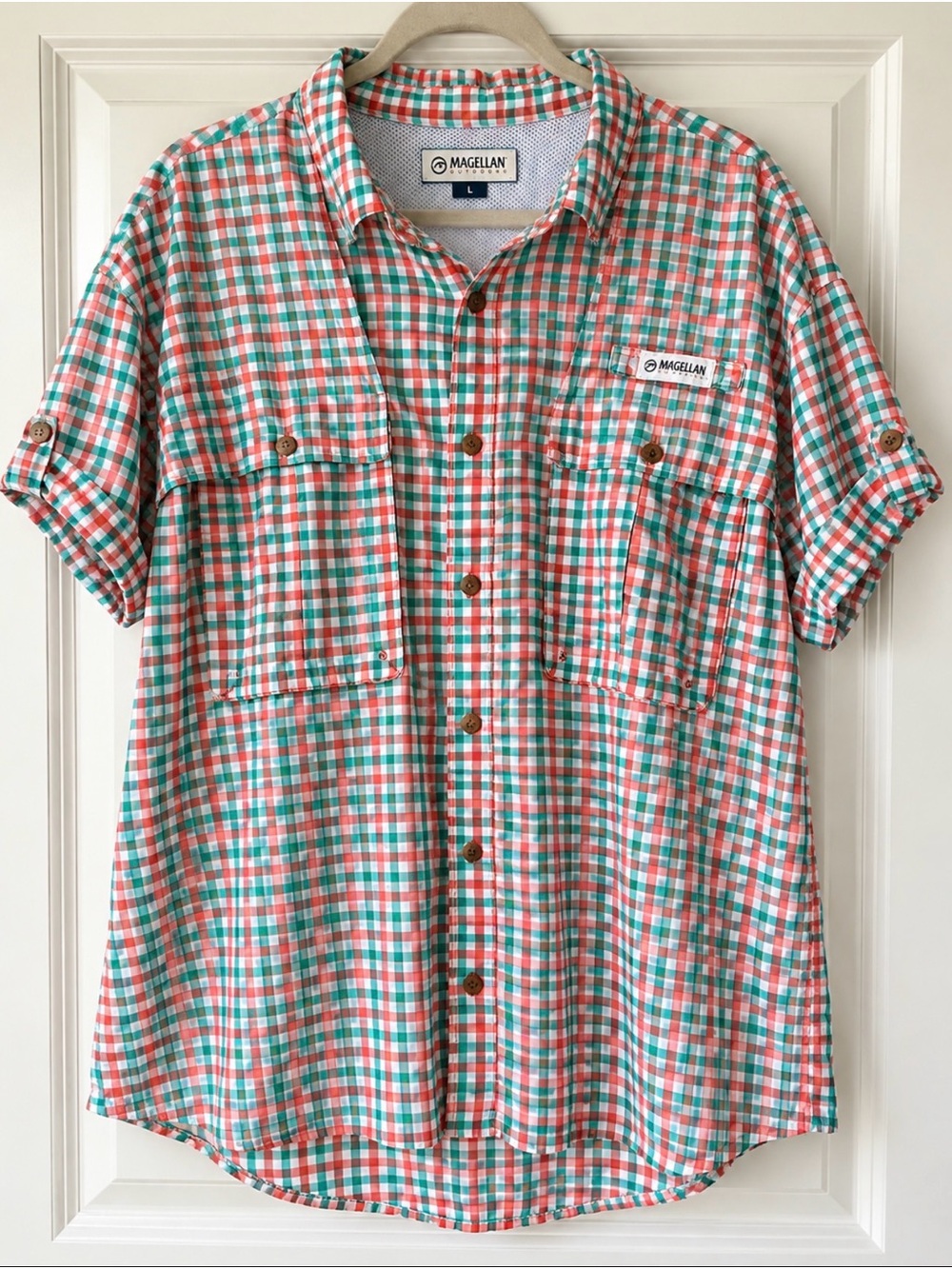 Men’s 2X Magellan Coral & Teal Plaid Fishing Shirt